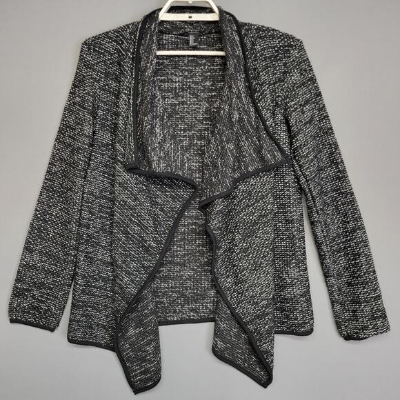 Forever 21 Waterfall Cardigan Womens Large Black White Open Front Knit Sweater - Picture 1 of 12